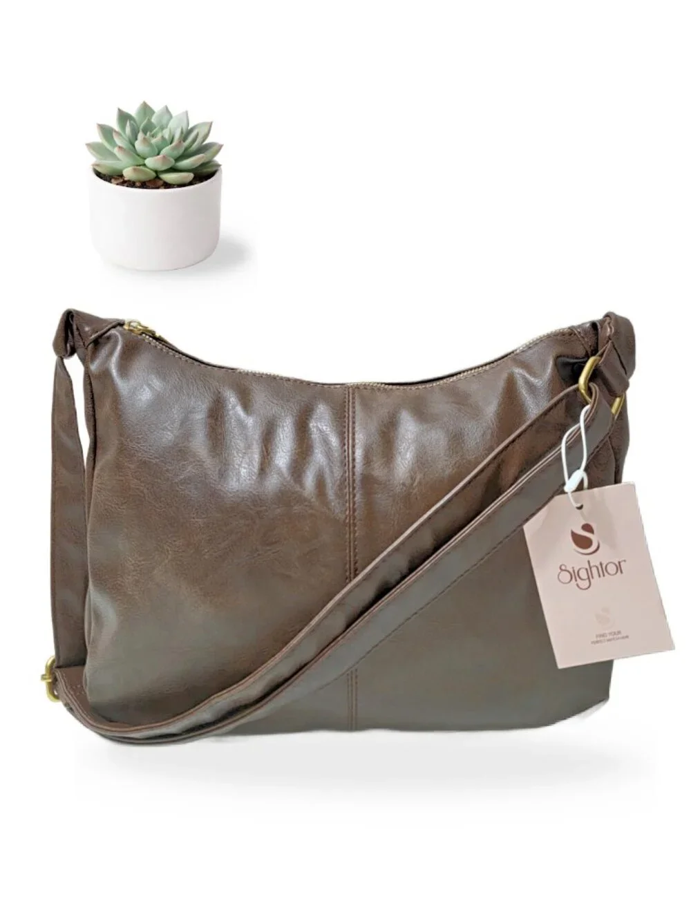 NWT Sightor Brown Vegan Leather Slouchy Hobo Shoulder Bag Adjustable Strap Purse